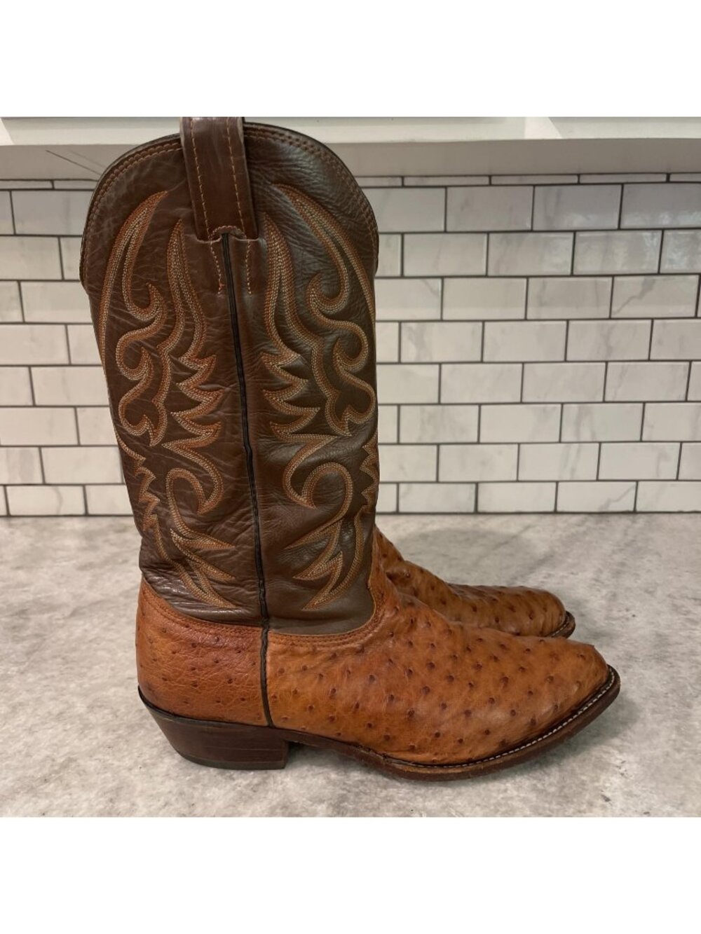 Larry Mahan Boots Mens Size 10.5 Brown Ostrich Leather Western Cowboy Rodeo